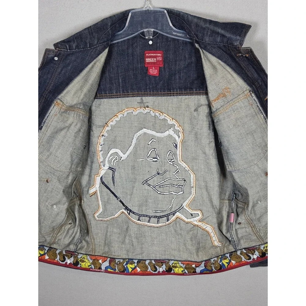 Vtg Platinum FUBU Jacket Mens L Blue Denim Fat Albert Graphic Hip Hop Y2K